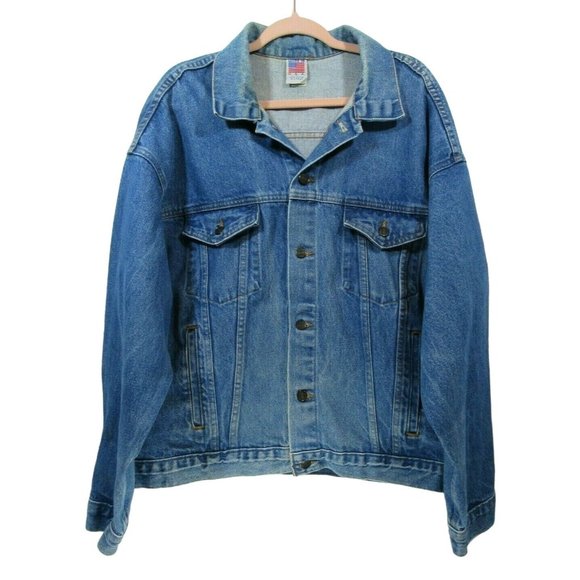 Men’s Denim Jean Jacket Embossed God Bless America XL Tyca Buttons Made in USA - Picture 2 of 5